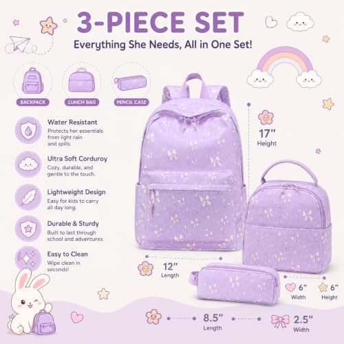 BTOOP School Backpacks for Teen Girls Bookbags Lightweight Kids Backpack School Bags Set with Lunch Box Pencil Case - color: Purple