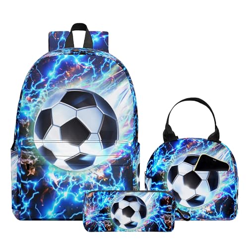 3PCS Backpack for Boys Girls, Kids Backpack Sets with Lunch Bag Pencil Case, Large Capacity 17 Inch Bookpack 3 in 1 Set for Teens Elementary Middle High School Students (Soccer) - color: Blue Soccer
