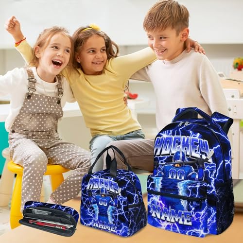 UNIKITTY Boys Hockey Backpack Set with Lunch Box & Pencil Case, Personalized Ice Hockey School Backpack 17 Inch Large Capacity, Water Resistant for Kids Teens - color: Blue