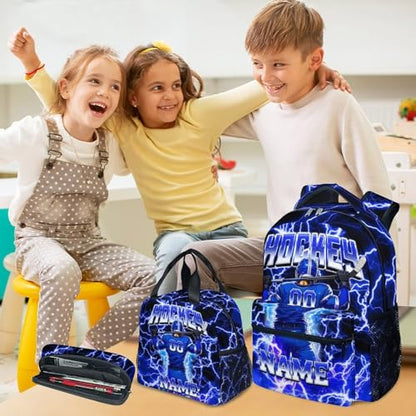 UNIKITTY Boys Hockey Backpack Set with Lunch Box & Pencil Case, Personalized Ice Hockey School Backpack 17 Inch Large Capacity, Water Resistant for Kids Teens - color: Blue