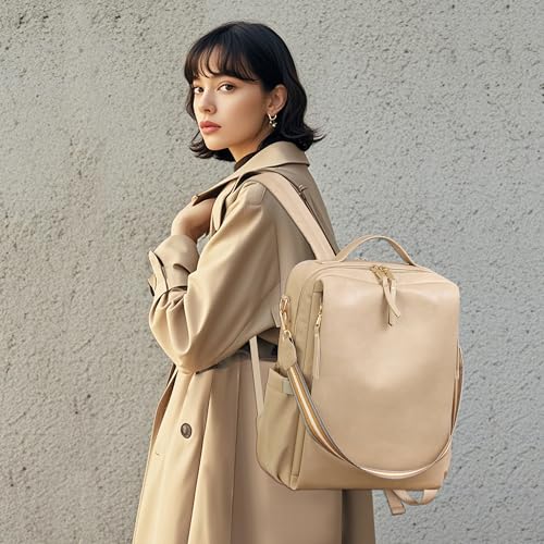 Dora & Liz Laptop Backpack for Women, Leather Travel Backpack with 15.6 Inch Laptop Compartment, College Work Computer Bag - color: Off-white