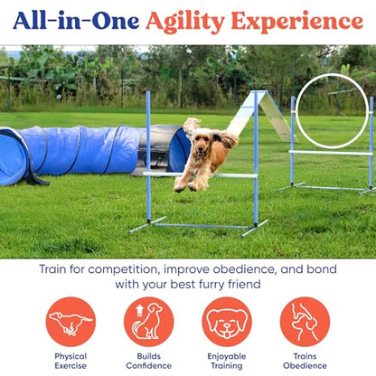 FetchFlow Dog Agility Training Equipment – Complete Backyard Agility Course Set w/Adjustable A-Frame Ladder, Weave Poles, Cones, Jump Hoop, Tunnel & Sandbags – Outdoor Dog Playground Kit