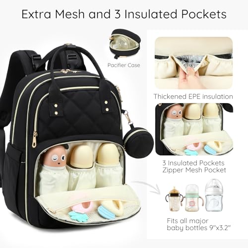 Diaper Bag Backpack, Large 26L Baby Bag with Portable Changing Pad & Pacifier Case, Waterproof Quilted Maternity Backpack for Mom and Dad, Travel Essentials with Insulated Pockets, Black - color: Black