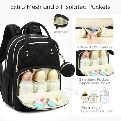 Diaper Bag Backpack, Large 26L Baby Bag with Portable Changing Pad & Pacifier Case, Waterproof Quilted Maternity Backpack for Mom and Dad, Travel Essentials with Insulated Pockets, Black - color: Black