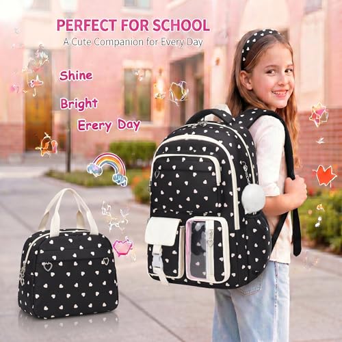 3PCS Kids Backpack Set, School Backpack with Lunch Bag & Pencil Case, Lightweight Waterproof Bookbag for Kids (Black Heart) - color: Black Heart