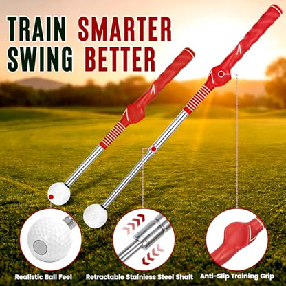 5-in-1 Golf Swing Trainer for Right-Handed Golfers with Click Feedback, Retractable Training Aid, Grip Trainer & Arm Band, Improve Tempo & Swing Path, Indoor Outdoor Practice - color: Red