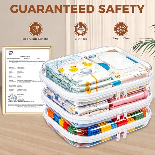 3 Pack Diaper Bag Organizer Pouches, Clear Hard Shell Zipper Cases for Travel, Makeup Bag, Toiletry Bag, Toy Storage Bins, Waterproof Storage Box for Pacifier Snacks Wipes Clothes Baby Essentials - size: 3M