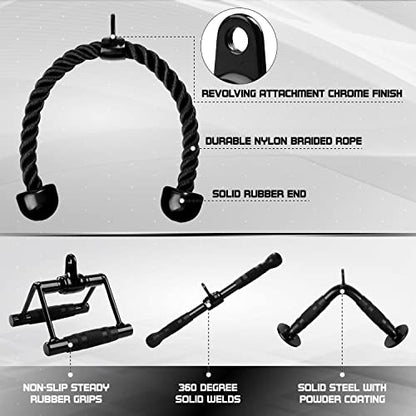 Yes4All Cable Machine Attachment, Row Handles, Tricep Rope, Straight Bar, V Bar, LAT Pulldown Accessories Load 880 LB for Home Gym - color: G. (Black) Tricep Rope + Double D + Straight Bar + V Bar