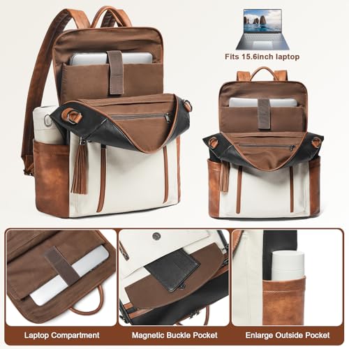 Shrrie Laptop Backpack for Women 15.6 inch,Travel Leather Backpack Purse Nurse Teacher Carry on Backpack Computer Bag,Professional Water-Resistant College Business Work Casual Daypack,Two-tone Maroon - color: Black With Brown and White