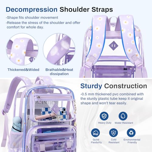 Sisipoet Clear Backpack for School, PVC Clear Bookbag Heavy Duty Transparent Backpack for Stadium Events See Through Bag - color: Purple Daisy