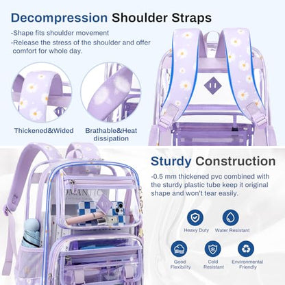 Sisipoet Clear Backpack for School, PVC Clear Bookbag Heavy Duty Transparent Backpack for Stadium Events See Through Bag - color: Purple Daisy