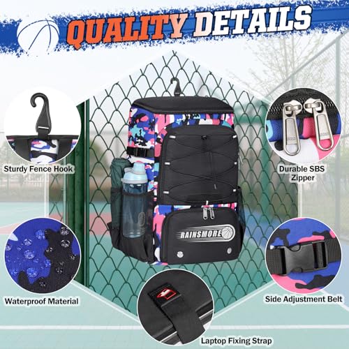 RAINSMORE Basketball Backpack 45L Basketball Bag with Separate Ball Holder & Shoes Compartment Water Resistant Sports Bag Basketball Equipment Bags Fit Volleyball, Soccer, Swim, Gym, Travel - color: Camouflage Pink