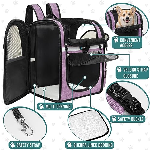 PetAmi Dog Backpack Carrier for Cats and Small Dogs, 4-Way Entry Ventilated Mesh Pet Carrier for Hiking Travel, Foldable Top with Sherpa Bed, Reflective and Poop Bag Dispenser, Up to 18 lbs, Purple - color: Purple