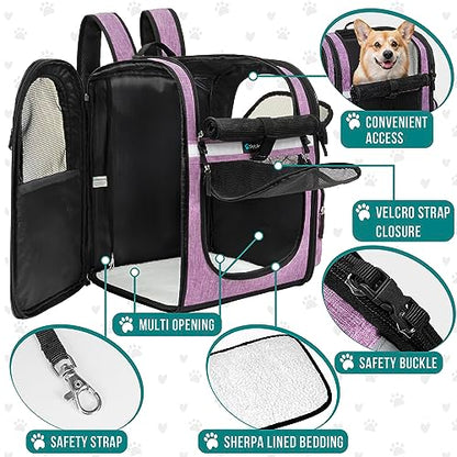 PetAmi Dog Backpack Carrier for Cats and Small Dogs, 4-Way Entry Ventilated Mesh Pet Carrier for Hiking Travel, Foldable Top with Sherpa Bed, Reflective and Poop Bag Dispenser, Up to 18 lbs, Purple - color: Purple