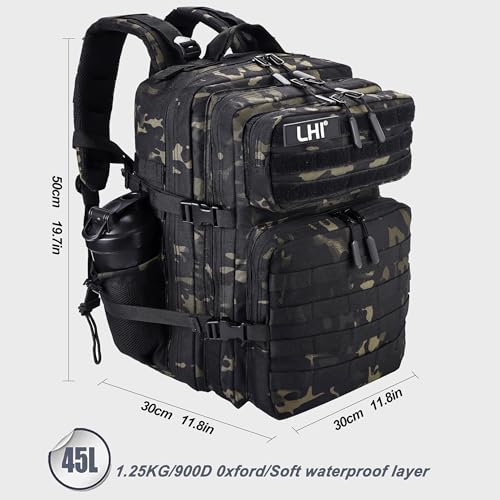 LHI Military Tactical Backpack for Men and Women 45L Army 3 Days Assault Pack Bag Large Rucksack with Shoe Compartment - Black CP - color: 1.21 Shoe Compartment（black Cp）