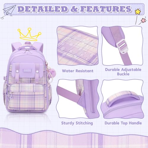 MUSEVOS Girls Backpack, Ideal School Backpack for Girls from Elementary to Teen Years, Kawaii Bookbag Cute Large Capacity - color: Purple