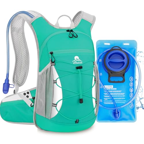 Hydration Backpack with 2L Water Bladder - Lightweight 15L Daypack with Phone-Sized Hip Belt Pockets, Anti-Chafe Cotton Edging & No-Bounce Straps - Small Water Backpack for Hiking, Running, Skiing - color: Emerald green