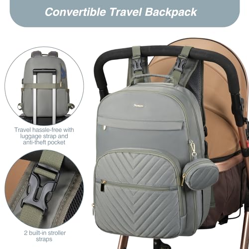 MOMUVO Diaper Bag Backpack, Quilted Baby Bag with Changing Pad & Stroller Straps & Pacifier Case, Multifunction Waterproof Travel Diaper Bags, Unisex, Olive Green - color: Olive Green