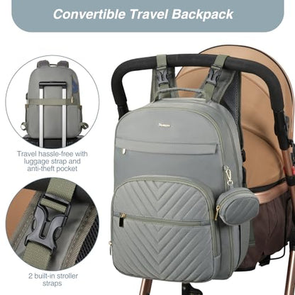 MOMUVO Diaper Bag Backpack, Quilted Baby Bag with Changing Pad & Stroller Straps & Pacifier Case, Multifunction Waterproof Travel Diaper Bags, Unisex, Olive Green - color: Olive Green