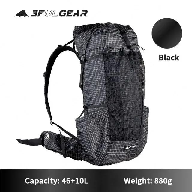 3F UL GEAR QiDian Pro UL 46+10L Backpack Outdoor Climbing Bag Camping Hiking Bags UHMWPE ultralight (Black) - color: Black