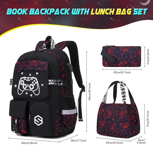 Scothen Boys Backpack, Cool Luminous School Backpacks for Boys with Lunch Bag Pencil Case, Kids Backpack Kindergarten Elementary Middle School Book Bags for Teen Boy Children with USB Charging Port - color: Red Pattern
