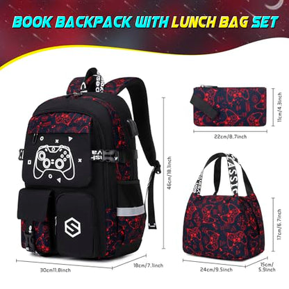 Scothen Boys Backpack, Cool Luminous School Backpacks for Boys with Lunch Bag Pencil Case, Kids Backpack Kindergarten Elementary Middle School Book Bags for Teen Boy Children with USB Charging Port - color: Red Pattern