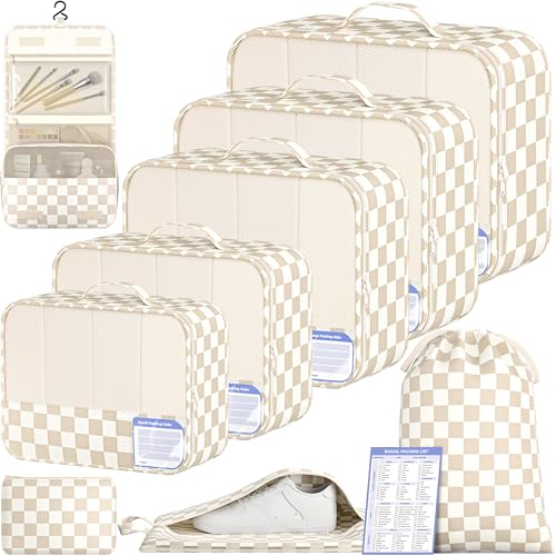 BAGAIL 9 Set Packing Cubes with Packing List Luggage Packing Organizers for Travel Accessories (Khaki checkered) - color: Khaki checkered