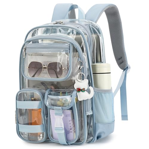Clear Backpack for School Girls Boys Heavy Duty Transparent Backpack with Multiple Pockets, Lightweight PVC See Through Bookbag for Students - Baby Blue - color: Baby Blue