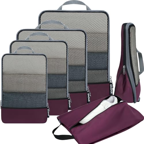 BAGAIL 4 Set/6 Set/8 Set Compression Packing Cubes Travel Accessories Expandable Packing Organizers (Half Mesh, 6-Burgundy) - color: 6-Burgundy, style: Half Mesh