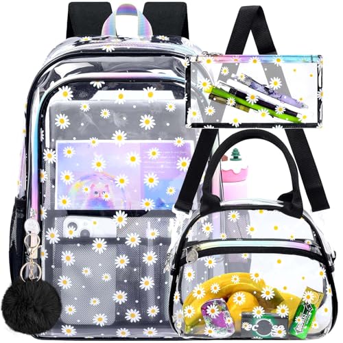 gxtvo 3PCS Girls Clear Backpack Heavy-Duty Set for Women & Teen, 17" Black Transparent Bookbag with Rainbow Strap, Cute Chrysanthemum See Through School Bag - color: Black Chrysanthemum Clear Backpack Set