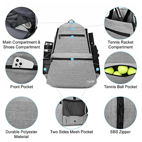 Sucipi Tennis Bag Professional Tennis Backpack for Men and Women Racket Bags Holds 2 Rackets with Ventilated Shoe Compartment - color: Gray