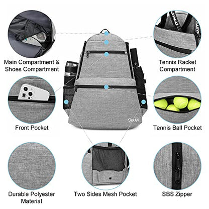 Sucipi Tennis Bag Professional Tennis Backpack for Men and Women Racket Bags Holds 2 Rackets with Ventilated Shoe Compartment - color: Gray