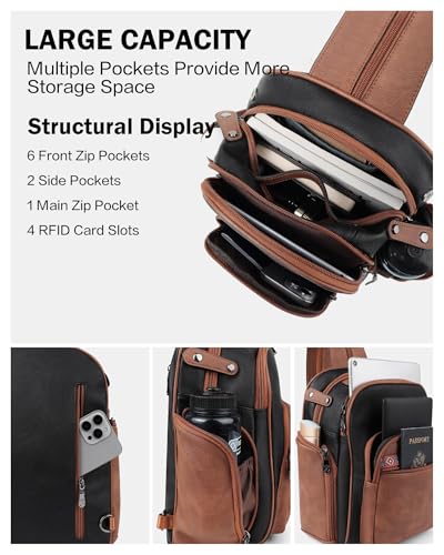 FADEON Large Sling Bag for Women, Designer Leather Crossbody Purse Convertible Sling Backpack, Anti Theft Daypack for Travel - color: Retro Black With Brown