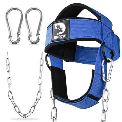DMoose Fitness Neck Harness for Weight Lifting - Soft Padded Head & Chin Strap with 30" Heavy Duty Steel Chain - Neck Exerciser, Trainer & Strengthener to Support Injury Recovery and Intense Workouts - color: Blue