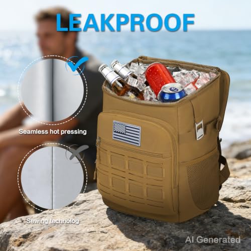 Tactical Cooler Backpack for Men, Double Deck Insulated Cooler Bag 40 Cans, Soft Lunch Backpack with 16H Ice Retention Waterproof Leakproof Picnic Backpack for Work Beach Camping BBQ Hiking - color: Brown