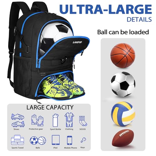 LARIPOP Soccer Backpack with Ball Holder & Shoe Compartment Large Capacity Sports Bag for Training - color: TR Blue