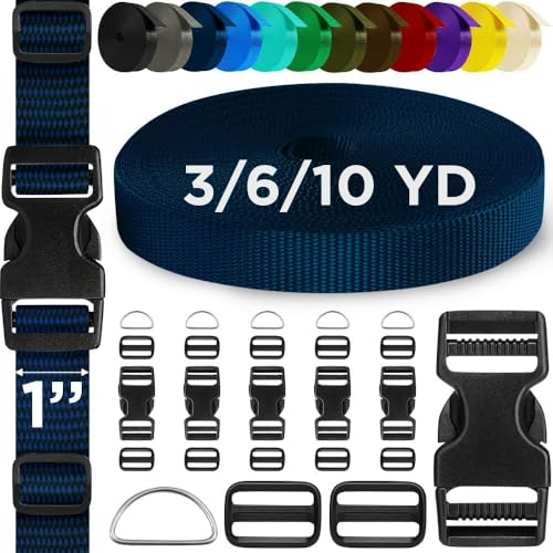 TECEUM Buckles & Strap Kit – 1" Navy Blue Nylon Webbing 6 (yd) – 6 Heavy Duty Adjustable Plastic Buckles – 12 Tri-Glide Slide Clips – 6 Metal D-Ring – Ideal Straps for Arts Crafts Outdoors Indoors DIY - color: Navy Blue, size: 1" - 6 yards, style: 6 Buckl