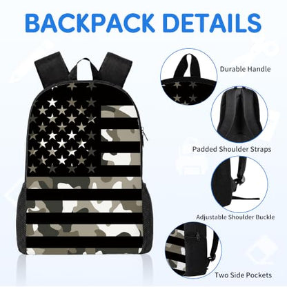 3PCS Camouflage flag Backpack for Boys Girls Teens, School Backpack with Lunch Box Pencil Case for Elementary Middle High Students, 17 Inch Lightweight Bookpack 3 in 1 Set Back to Shool for Kids - color: Flag