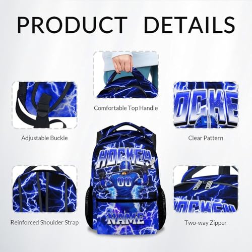 UNIKITTY Hockey Backpack for Boys Personalized Kids School Bag with Name - 17 Inch Custom Sports Ice Hockey Bookbag for Youth Little Boys Elementary Middle School Students - color: Blue