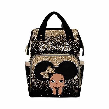 Newcos Personalized Golden Glitter Mommy Nursing Baby Bags Custom Afro Princess Diaper Bag Backpack with Name Customized Red Large Nappy Bags for Women - color: 230112-16