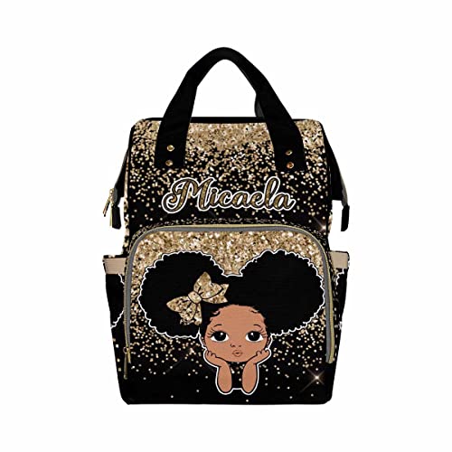 Newcos Personalized Golden Glitter Mommy Nursing Baby Bags Custom Afro Princess Diaper Bag Backpack with Name Customized Red Large Nappy Bags for Women - color: 230112-16