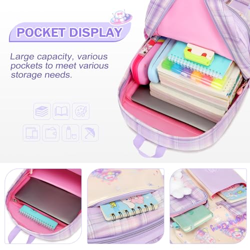 FIXITOK Girls Backpack Set, 3PCS Kids Backpack for Girls, Kawaii Bunny School Backpacks for Girl Kindergarten Elementary Preschool Middle School Bags with Lunch Box Pencil Case Purple-Plaid - color: Purple-plaid