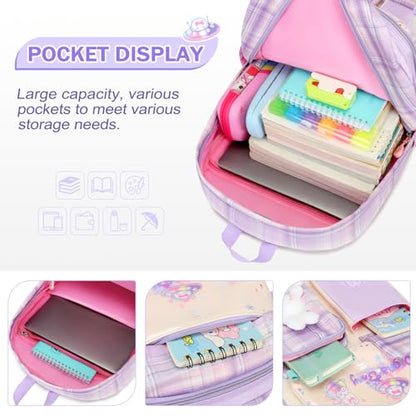 FIXITOK Girls Backpack Set, 3PCS Kids Backpack for Girls, Kawaii Bunny School Backpacks for Girl Kindergarten Elementary Preschool Middle School Bags with Lunch Box Pencil Case Purple-Plaid - color: Purple-plaid
