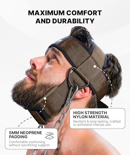 DMoose Fitness Neck Harness for Weight Lifting - Soft Padded Head & Chin Strap with 30" Heavy Duty Steel Chain - Neck Exerciser, Trainer & Strengthener to Support Injury Recovery and Intense Workouts - color: Cocoa Brown