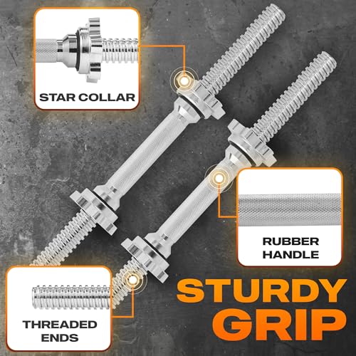 Yes4All Threaded Dumbbell Handles, Adjustable Dumbbell Bar Pair, 14/16/18/24-Inch Sizes, Fits 1" or 1.15" Plates, Non-Slip Grip, Secure Star-Lock Collars - color: 18" - Chrome - Silver, size: 1 inch