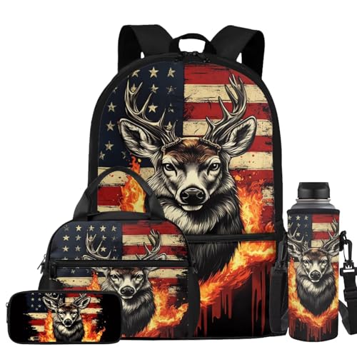 American Flag Deer Backpack for Boys Kids Backpack with Lunch Box Water Bottle Carrier Pencil Pouch 4 in 1 Elementary School Backpacks for Boys Bookbag with Handle Back to School Supplies - color: American Flag Deer