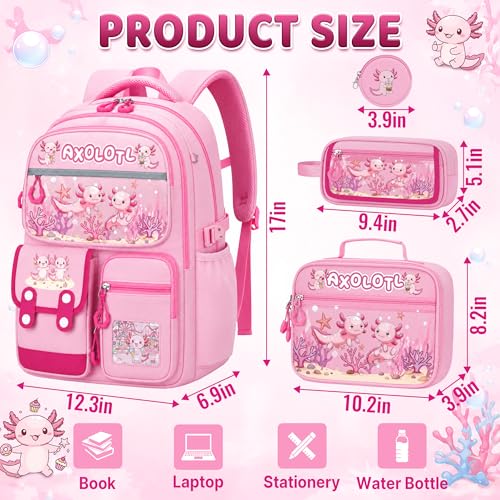 Axolotl Backpack for Girls, 4 PCS Girls Backpack with Lunch Box Set, Cute Kawaii Large Laptop Bookbag, School Bag for Elementary Kids & Teens - color: Axolotl