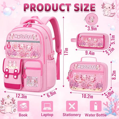 Axolotl Backpack for Girls, 4 PCS Girls Backpack with Lunch Box Set, Cute Kawaii Large Laptop Bookbag, School Bag for Elementary Kids & Teens - color: Axolotl