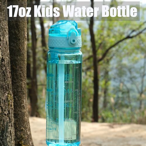 OLDLEY 17oz Kids Water Bottle, Tritan BPA-Free, Leakproof Flip Straw Lid, Motivational Time Marker, Carry Strap, Reusable Clear Water Bottle for Boys & Girls,Cerulean - color: Cerulean, style: 17 Ounces