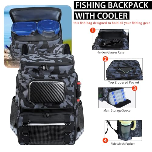 Fishing Backpack with Rod Holder and Tackle Boxes, Cooler, Large 50L Fishing Gear Bag with 139 Fishing Lures Kit, Fish Tool Set, Fish Gifts for Men Woman-Grey Backpack - color: Grey